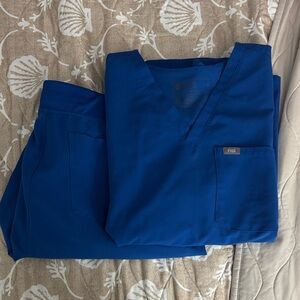 Figs Royal Blue V-Neck Scrub Top and Pants Set